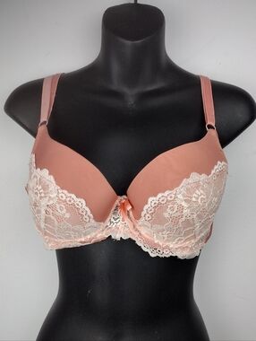 Sofra 36B White Lace-Trim Push Up Bra in Pink Coral